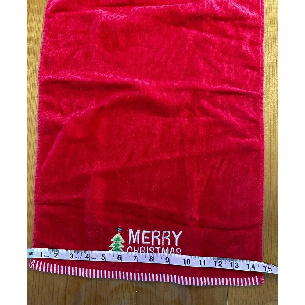 Merry Christmas Red Cotton Hand Towel‎ Embroidered Tree Striped Trim RN 17730